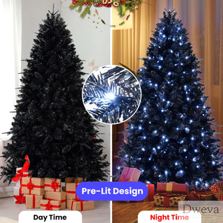 5ft Black Christmas Tree with 250 White LED Lights, 1076 Tips PE+PVC Artificial Tree for Halloween & Holiday Decor, Hinged Structure with Stable Metal Stand Dweva