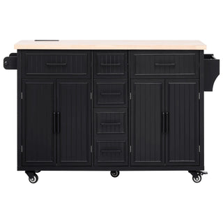 K&K 56.5'' Kitchen Island with Drop Leaf, Power Outlet, Embossed Vertical Stripe Rolling Kitchen Cart on Wheels with 4 Doors , 5 Deep Drawers and Adjustable Shelves, for Kitchen, Dining Room, Black Dweva