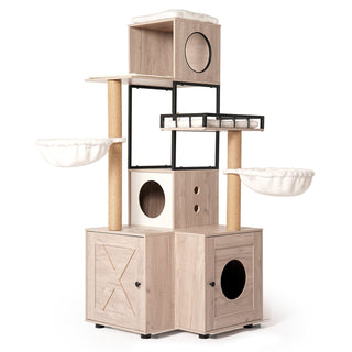 63" Multi-Functional Cat Tree with Litter Box - Includes Removable Washable Cushion, Scratching Posts & Toy Hanger, Modern Design, Rustic Gray Dweva
