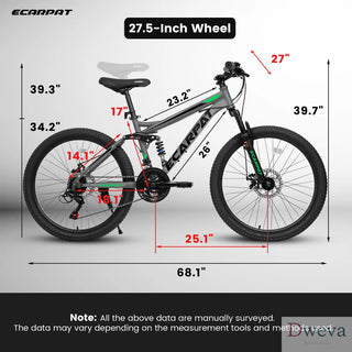 A2760 27.5 Inch Full Suspension Mountain Bike, Front and Rear Dual Shock Absorbers, Mechanical Disc Brakes, 21-Speed, Suitable for Men and Women, Ideal for Travel and Fitness Enthusiasts Dweva