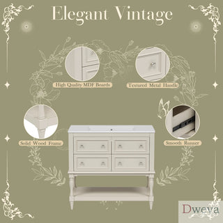 36" Bathroom Vanity Cabinet with Sink Combo Set, Undermount Ceramic Sink, Free Standing Vanity Set with 4 Drawers, Solid Wood Frame Bathroom Cabinet, Beige Dweva