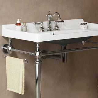 VICI 36" Bathroom Console Sink, Wall-Mounted White Ceramic Vanity Basin with 3 Pre-drilled Faucet Holes, Freestanding Stainless Steel Support Legs with Towel Bar, No Faucet, Chrome Color Dweva