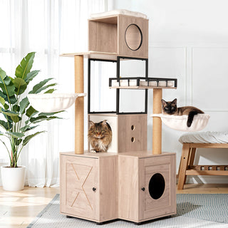 63" Multi-Functional Cat Tree with Litter Box - Includes Removable Washable Cushion, Scratching Posts & Toy Hanger, Modern Design, Rustic Gray Dweva