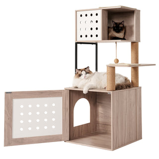 Cat Tree with Litter Box Enclosure, All-in-one Cat Tower for Indoor Cats with Large Hammock, Bed, Food Station, Scratching Posts, Modern Style Pet Furniture, Gray+white Dweva