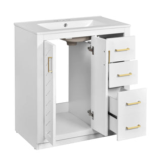 30'' Bathroom Vanity with Ceramic Sink Combo, Solid Wood Frame Bathroom Storage Cabinet, Freestanding Vanity Set with 3 Drawers& Soft Closing Doors Dweva