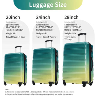 Hardshell Luggage Sets 3 Piece Gradient Color Expandable Suitcase with Spinner Wheels and TSA Lock Lightweight 20" 24" 28" Available,Green+Yellow Dweva