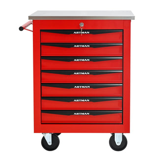 7 Drawers Multifunctional Tool Cart with Wheels,Metal Rolling Tool Cart Storage for Garage Workshop Warehouse Repair Shop--With Stainless Steel Roof- Red&Black Dweva
