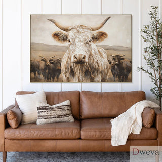 White Highland Cow Canvas Wall Art - Modern Minimalist Animal Art Print for Living Room Bedroom Decor, Framed in Solid Wood, Nature Inspired Wall Decordecorative picture Oil painting Dweva