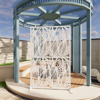 Metal Privacy Screens W3.8Ft X H6Ft Outdoor and Indoor Divider with Free Standing Decorative Privacy Screen for Balcony Patio Garden Room Divider, White Leaf Shape Dweva