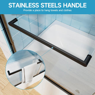 60" W x 57" H Aluminum Frame Double Sliding Shower Door, Soft-Close Matte Black Bathtub Door, 1/4" (6mm) Clear Nano-Coated Tempered Glass, Dual Stainless Steel Handles Dweva