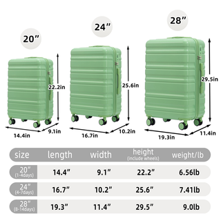 HIFINE TOURIST 20"/24"/28" 3 pcs/set in ABS Spinner Wheel Luggage, Carry on Suitcase, Matching Color, TSA Combination Lock (Green) Dweva