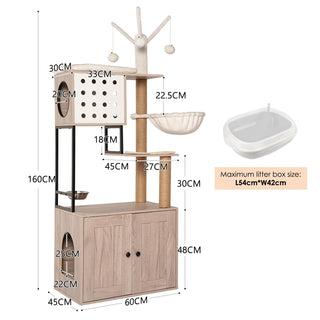 Cat Tree with Litter Box Enclosure - Modern Cat Condo with Scratching Posts, Feeding Bowl & Removable Pompom Sticks, Gray Dweva