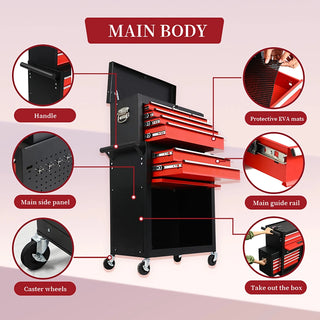 eight-drawer large capacity rolling toolbox, detachable cabinet storage toolbox with wheels and drawers, detachable toolbox with lock for workshop mechanical garage BLACK+RED Dweva