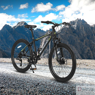 S24102 24 Inch Mountain Bike Boys Girls, Steel Frame, Shimano 21 Speed Mountain Bicycle with Daul Disc Brakes and Front Suspension MTB Dweva