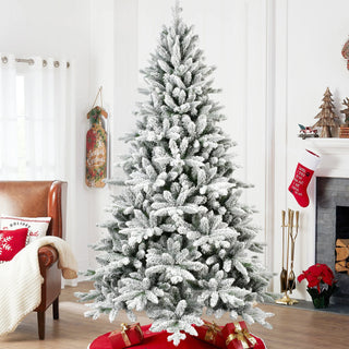 6ft Flocked Christmas Tree with 1100 Tips, Realistic PE+PVC Snowy Hinged Tree with Metal Stand, Full Artificial Xmas Tree for Holiday Decoration Dweva