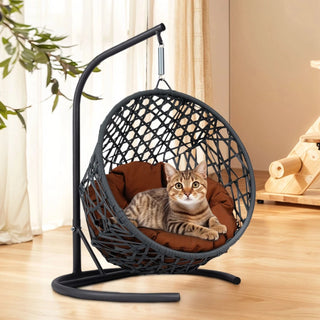 Cat Swing Bed with Stand & Cushion, Cat Egg Chair with Rattan Wicker Appearance, Indoor Hanging Swinging Cat Bed for Cats, Small Dogs, and Small Animals,Brown Dweva