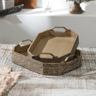 Octagonal Mango Wood Serving Tray - Set Of 2, 15x12x3 Inches Dweva