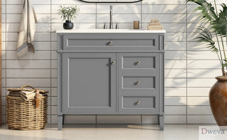 36'' Bathroom Vanity with Top Sink, Modern Bathroom Storage Cabinet with 2 Drawers and a Tip-out Drawer, Single Sink Bathroom Vanity Dweva