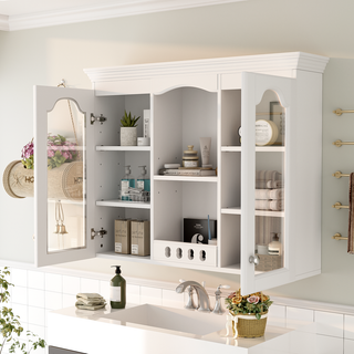 Wall Mounted Medicine Cabinet, Bathroom Wall Cabinet with 2 Glass Doors, Over The Toilet Space Saver Storage Cabinet with Ample Storage, White Dweva