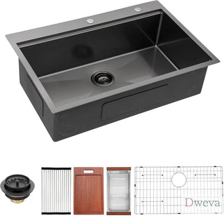 33 Inch Gunmetal Black Drop in Workstation kithchen Sink -33 "x 22" 16 Gauge Topmount Drop in Single Bowl Stainless Steel Kitchen Sink with Accessories Dweva
