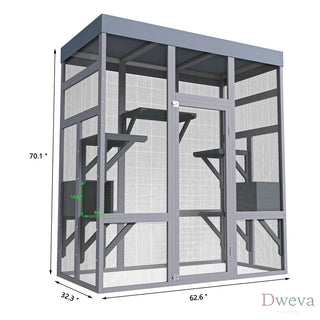 62.6" Wooden Outdoor Catio for Cats, Large Cat Enclosure with Waterproof Roof, 2 Napping House, Platforms & Rust-Proof Wire – Secure Pet Cage for Backyard or Patio Dweva