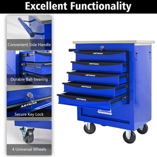 6 Drawers Multifunctional Tool Cart with Wheels,Metal Rolling Tool Cart Storage for Garage Workshop Warehouse Repair Shop--With Stainless Steel Roof- BLACK&BLUE Dweva