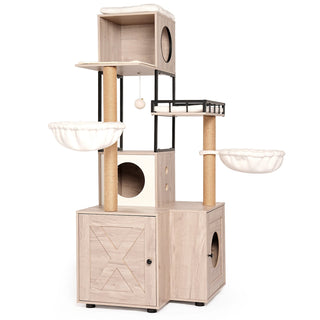 63" Multi-Functional Cat Tree with Litter Box - Includes Removable Washable Cushion, Scratching Posts & Toy Hanger, Modern Design, Rustic Gray Dweva