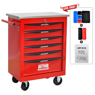 6 Drawers Multifunctional Tool Cart with Wheels,Metal Rolling Tool Cart Storage for Garage Workshop Warehouse Repair Shop--With Stainless Steel Roof- Red&Black Dweva