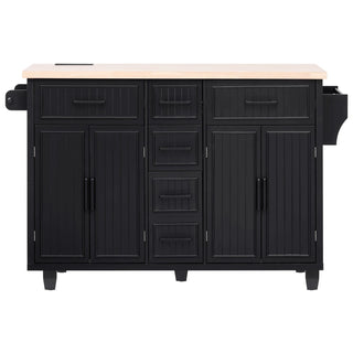 K&K 56.5'' Kitchen Island with Drop Leaf, Power Outlet, Embossed Vertical Stripe Rolling Kitchen Cart on Wheels with 4 Doors , 5 Deep Drawers and Adjustable Shelves, for Kitchen, Dining Room, Black Dweva