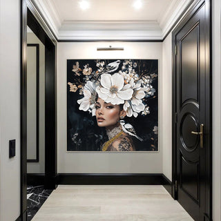 Floral Woman Canvas Wall Art Black and White Bird Tattoo Portrait Modern Aesthetic Artwork for Living Room Bedroom Office Art oil painting decorative picture Dweva