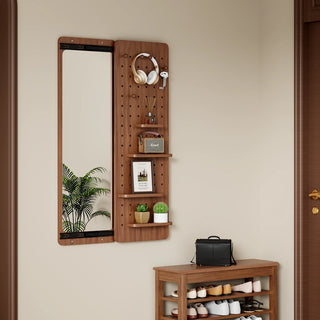 Wall Mounted Full Length Mirror, Full Body Mirror with Shelf, Full Body Mirror with Hook Wall Mounted Mirror with Multifunctional Design Panel, Bedroom/Living Room/Entrance Walnut (47.6*15.7in) Dweva