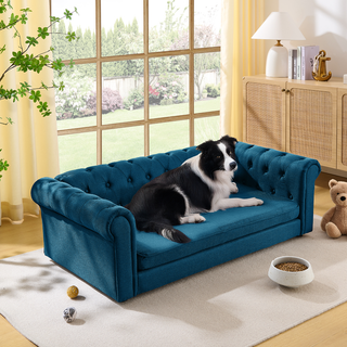 Elegant rectangular pet bed for big and oversized dogs, durable elevated dog sofa bed, comfortable dog sofa, modern and fashionable linen fabric dog sofa-DARK BLUE Dweva