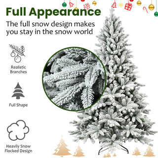 7ft Flocked Christmas Tree with 1514 Tips, Realistic PE+PVC Snowy Hinged Tree with Metal Stand, Full Artificial Xmas Tree for Holiday Decoration Dweva