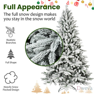 6ft Flocked Christmas Tree with 1100 Tips, Realistic PE+PVC Snowy Hinged Tree with Metal Stand, Full Artificial Xmas Tree for Holiday Decoration Dweva