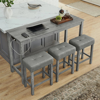 59 Inch Bar Table, Dining Table, Sofa Table with Power Outlet, 3 Upholstered Stools, 4 Piece Bar Table and Chair Set for Living Room, Dining Room, Kitchen Dweva