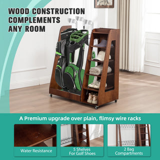Golf Bag Organizer for Garage, Premium Wooden Golf Clubs Storage Rack Fit 2 Golf Bags, Golf Trunk Organizer for Car Garage Club Shed Basement,Brown Dweva