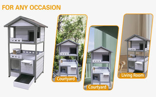 Three Story Outdoor Cat House with Balcony, Large Feral Villa Cat Shelter Weatherproof, 3 Story Outside Cat House for Multiple Cats Dweva