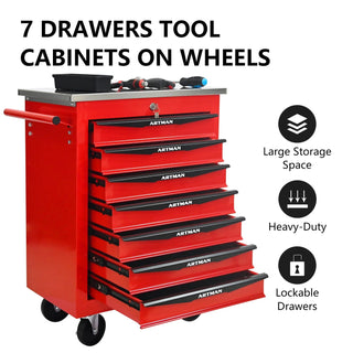 7 Drawers Multifunctional Tool Cart with Wheels,Metal Rolling Tool Cart Storage for Garage Workshop Warehouse Repair Shop--With Stainless Steel Roof- Red&Black Dweva