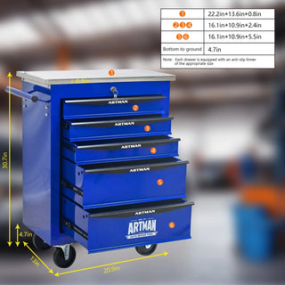 5 Drawers Multifunctional Tool Cart with Wheels,Metal Rolling Tool Cart Storage for Garage Workshop Warehouse Repair Shop--With Stainless Steel Roof- BLACK&BLUE Dweva
