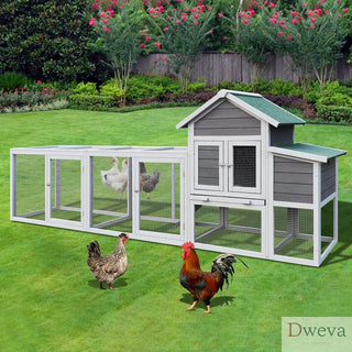 Gray Wooden Chicken Coop Outdoor Hen House with Run, Waterproof Roof & Nesting Box, Rabbit Duck Poultry Cage with Perch, Sliding Tray, and Secure Locks Dweva