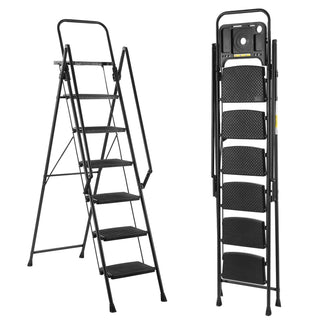 Folding step stool with bandwidth anti slip pedals and tool trays, lightweight and portable steel step stool, perfect for kitchen and home, indoor and outdoor use, sturdy steel steps (6 levels) Dweva