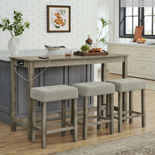 59 Inch Bar Table, Dining Table, Sofa Table with Power Outlet, 3 Upholstered Stools, 4 Piece Bar Table and Chair Set for Living Room, Dining Room, Kitchen Dweva