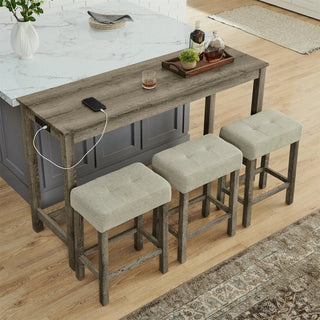 59 Inch Bar Table, Dining Table, Sofa Table with Power Outlet, 3 Upholstered Stools, 4 Piece Bar Table and Chair Set for Living Room, Dining Room, Kitchen Dweva