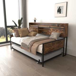 Twin Daybed with Trundle, Farmhouse Daybed Frame with Sliding Barn Door Headboard and Charging Station & LED Light for Bedroom and Guest Room, Rustic Brown Dweva
