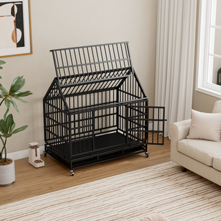 48 Inch Heavy Duty Dog Crate with Wheels, Folding Metal Big Dog Cage for Large and Medium Dogs, Cage with a pointed roof and Removable Tray. Dweva