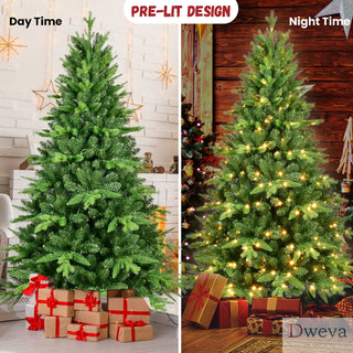 5ft Pre-Lit Christmas Tree with 250 Warm White LED Lights, 850 Tips Realistic PE+PVC Hinged Tree with Metal Stand, Full Artificial Xmas Tree for Holiday Decoration Dweva
