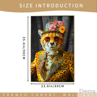 Abstract Art Wall Decor: Stylish Cheetah in Leopard Print Suit with Sunglasses and Hat Featuring Flower - Unique Modern Canvas Painting for Living Room, Bedroom, Office decorative picture Dweva