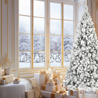 4FT Flocked Christmas Tree with 150 Warm White LED Lights – 350Tips, Snowy PVC & Hard Needle Branches, Hinged Design for Easy Setup, Sturdy Metal Stand – Full & Realistic Holiday Tree Dweva