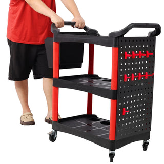 3 Tier Rolling Auto Detail Cart With Wheels,With Bucket & Panel & Hook,for Detailers Garage, Workshop, Repair Shop, Storage Tool,Red&Black Dweva