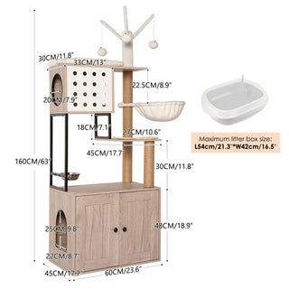 Cat Tree with Litter Box Enclosure - Modern Cat Condo with Scratching Posts, Feeding Bowl & Removable Pompom Sticks, Gray Dweva